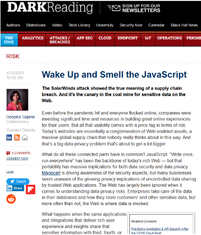 Dark Reading article titled Wake Up and Smell the JavaScript