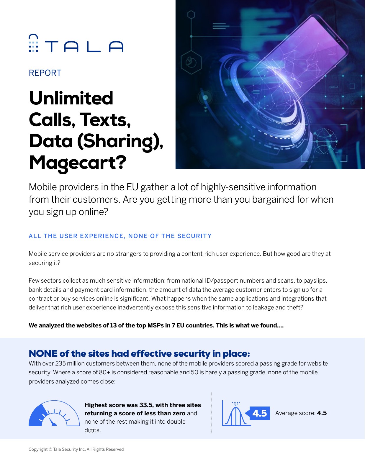 Tala Security Unlimited Calls, Texts, Data Sharing, Magecart report cover
